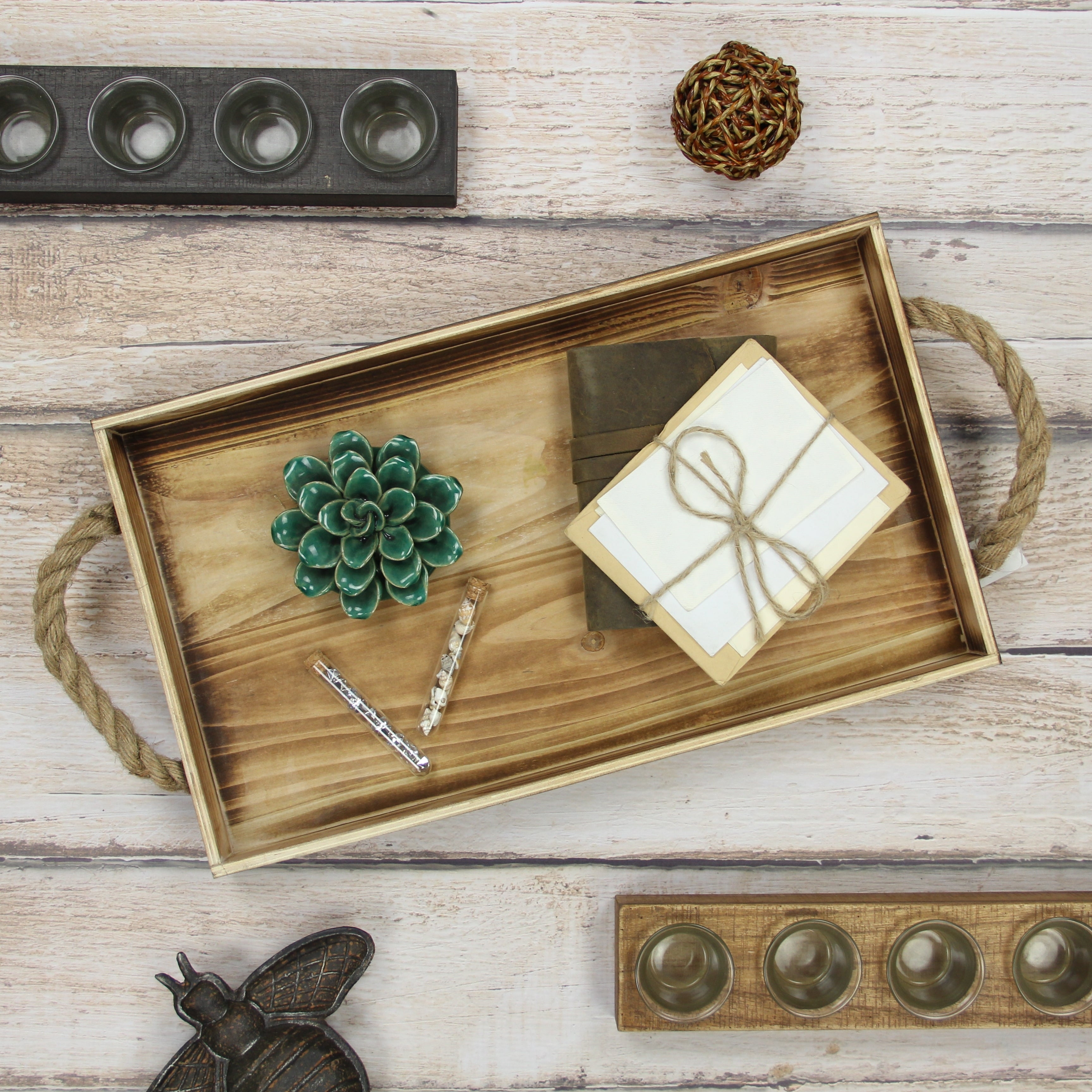 Brown Wood Rectangular Tray With Rope Side Handles