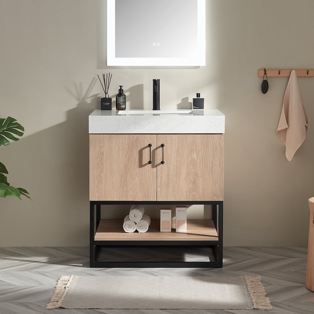 Alistair Single Bath Vanity with White Grain Stone Top & Mirror