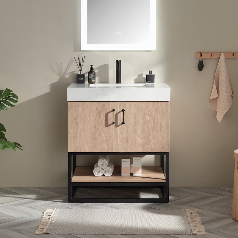 Alistair Single Bath Vanity with White Grain Stone Top & Mirror