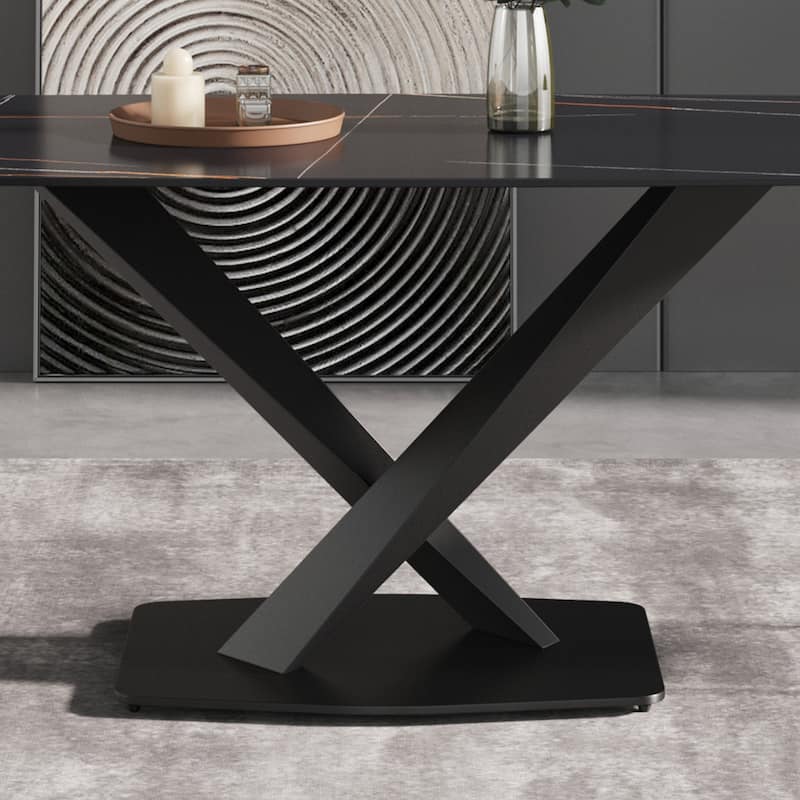 70.87"Modern artificial stone black curved black metal leg dining table-can accommodate 6-8 people