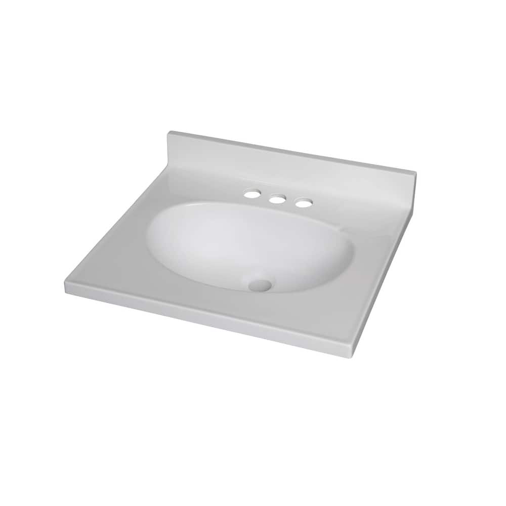 Fine Fixtures White Cultured Marble Top With Integrated Sink, 4" Backsplash and Overflow Included.