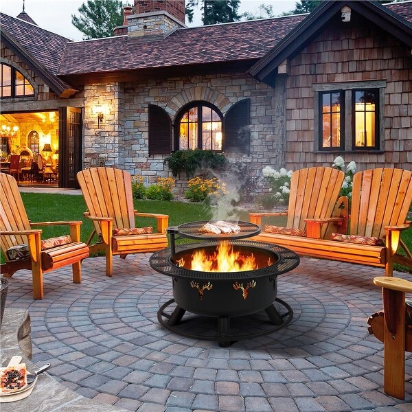 Yaheetech 32'' Round Wood Burning Fire Pit with Swivel Grill Grate