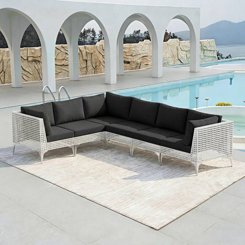 FINCATI Outdoor Wicker Modular Sectional Conversation Set with Cushions, Modern Patio Furniture Set - 6 PCS-Black