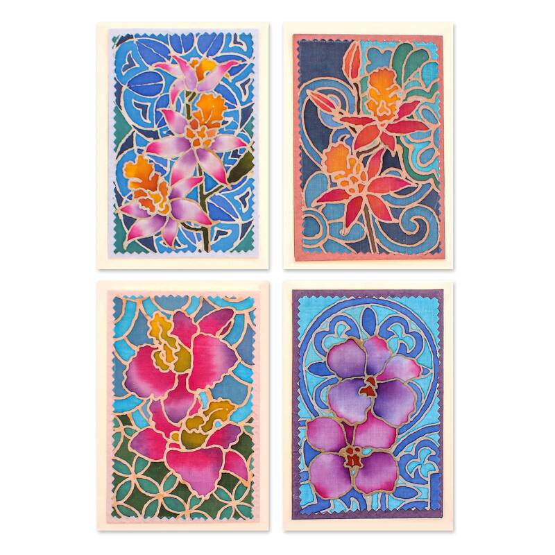 Novica Handmade Intense Orchids Cotton And Paper Greeting Cards (Set Of 4)