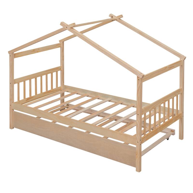 Twin/Full House Bed with Pull-Out Trundle, Solid Pine Wood Frame for Sleepovers