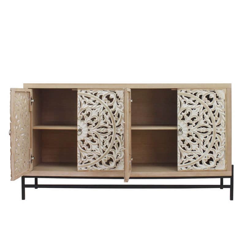 Elegant Storage Sideboard Cabinet with Carved Wood 4-Door for Living Room or Dining Area