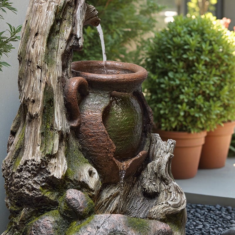 Vbal Outdoor Fountain with LED Lights Faux Wood Tree Trunk Design
