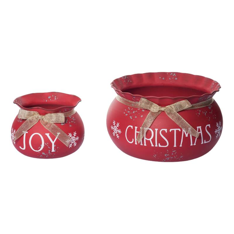 Transpac Metal 11 in. Red Christmas Santa Sack Containers Set of 2
