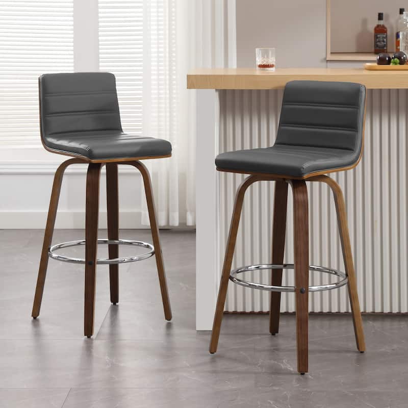 Faux Leather & Wood Swivel Bar Stools/ Counter Stool Set of 2 - Grey - Bar Height