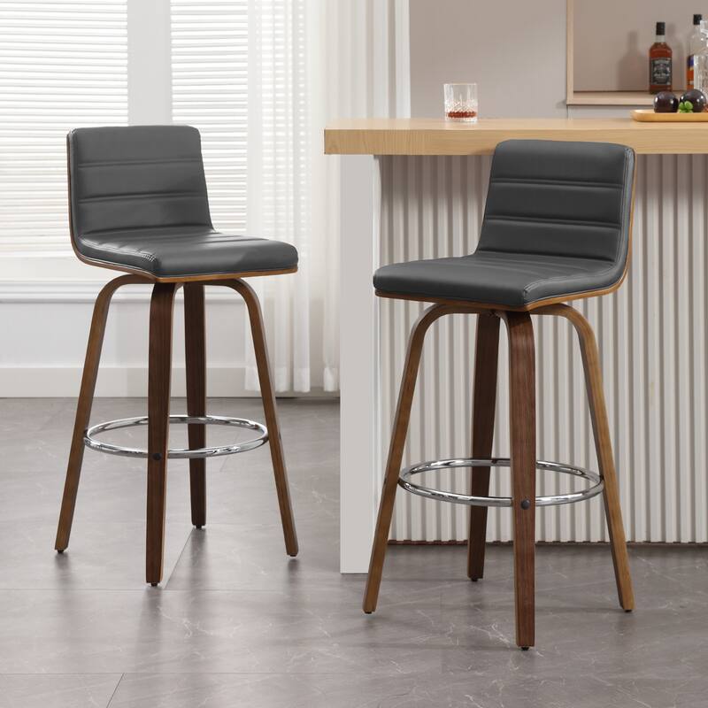 Modern Leather Upholstered Swivel Counter/Bar Stools, Set of 2 - Walnut & Grey - Bar Height