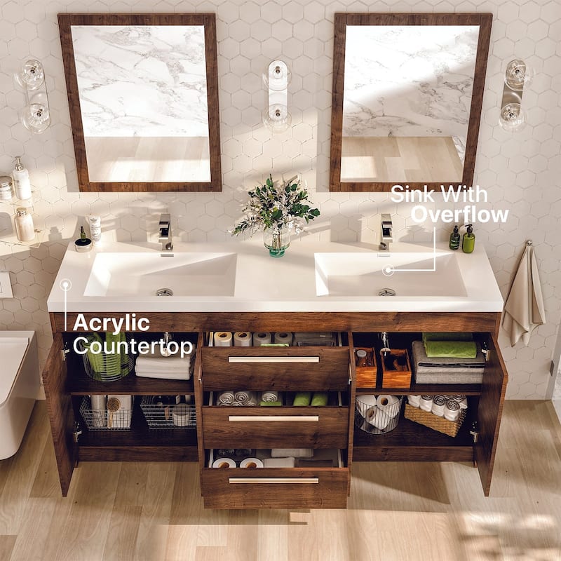 Lugano 72"W Rosewood Freestanding Bath Vanity with Acrylic Top - Single Vanities