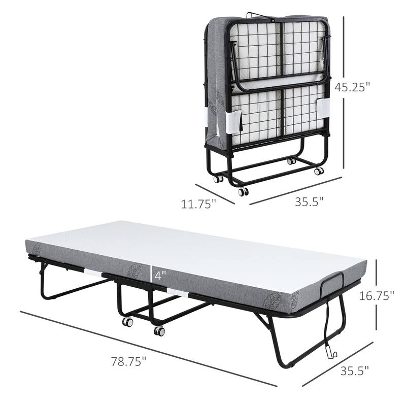 HOMCOM Folding Bed with 4 Inch Mattress, Portable Foldable Guest Bed with Sturdy Metal Frame on Wheels