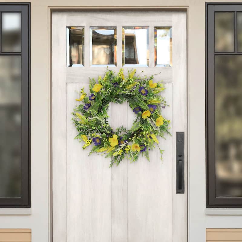 Yellow Purple Faux Twig Spring Mixed Floral Wreath - 24-Inch, Unlit