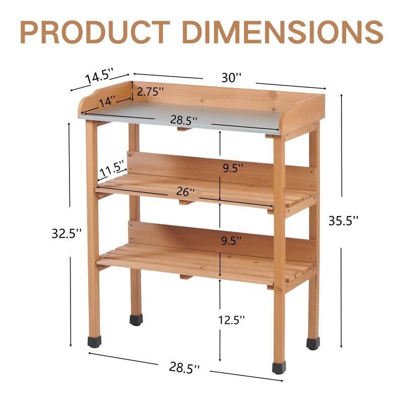 30"x14.5"×35.5" Potting Table w/Metal Tabletop, 3 Layers Outdoor Work Bench w/Hook for Garden, Solid Wood Workstation for Garage