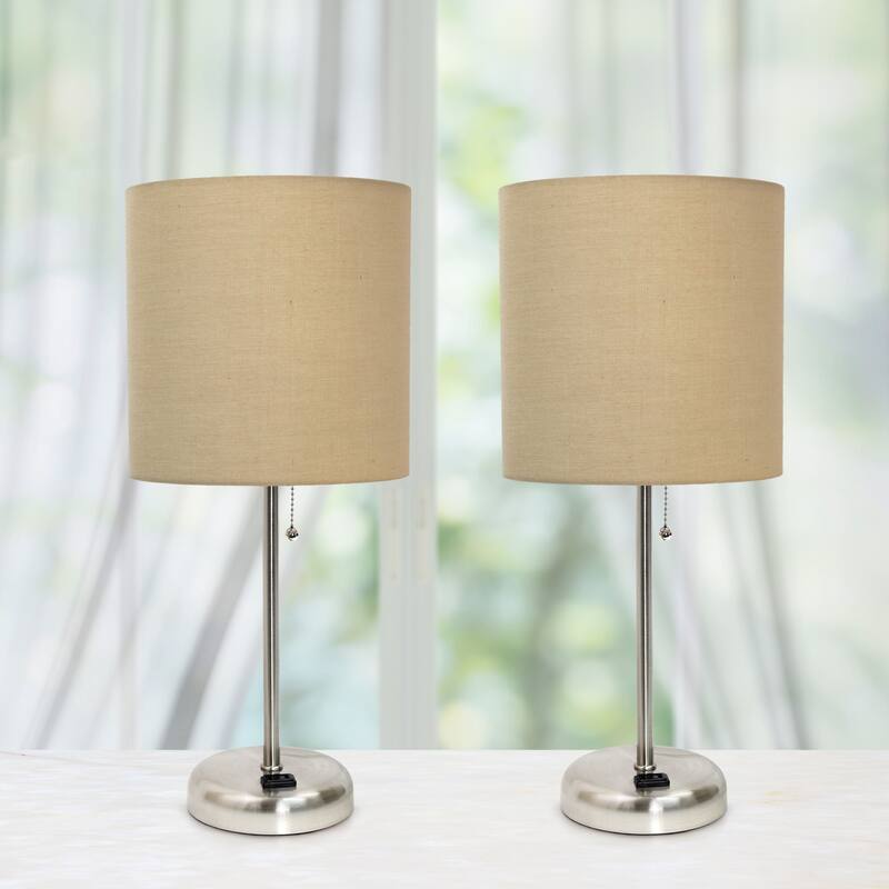 19.5 in. Brushed Steel Finish Table Lamp with Beige Shade, Desk Lamp for Writing and Computer Desks, Set of 2