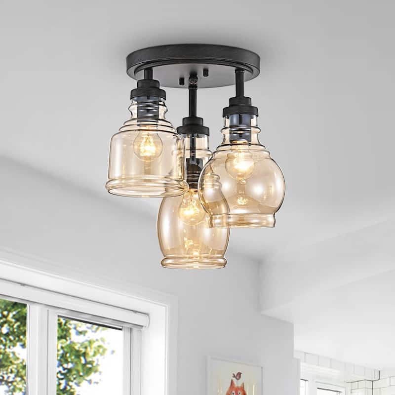Mariana 3-Light Flush Mount with Cognac Glass Shade - Antique Black