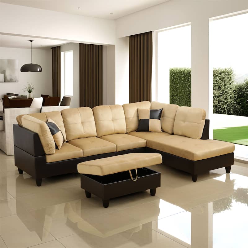 Beige and Brown Color Lint And PVC 3-Piece Couch Living Room Sofa Set