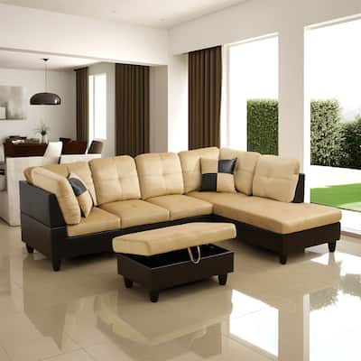 Beige and Brown Color Lint And PVC 3-Piece Couch Living Room Sofa Set