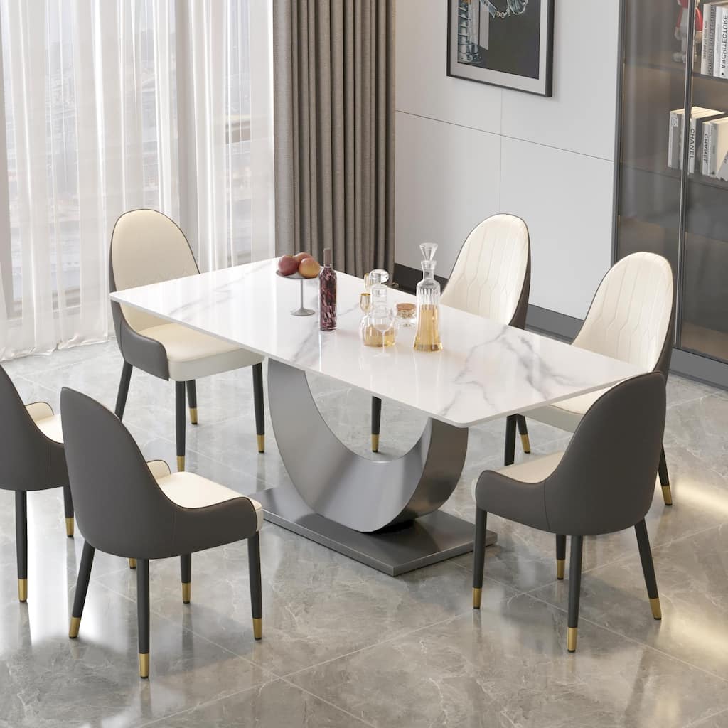 79" Marble Dining Table for 10, Modern Rectangle Kitchen Table with U Shape Pedestal Base