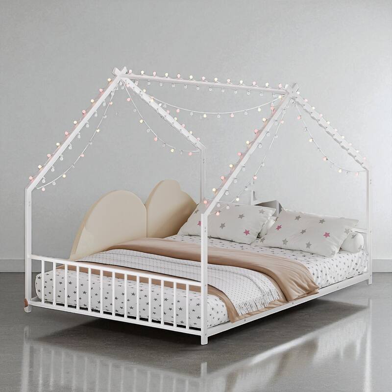 Twin/Full Size Kids Roof-Shaped Metal Bed Frame with Colorful LED Lights, Low Profile Design, 350 lb Capacity