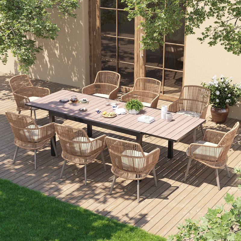 Outdoor Patio Dining Sets with PE Wicker Chairs and Extendable Aluminum Dining Table for 8 Persons - Begie
