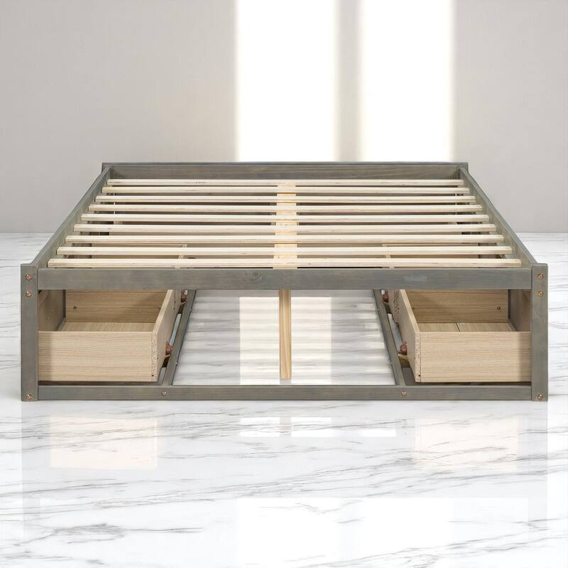 Full/Queen Platform Bed with 6 Storage Drawers, Modern Wood Frame with Slats, No Box Spring Needed