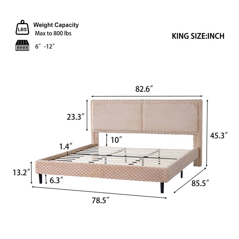 Modern Plush Upholstered Bed with Soft Padded Backrest, Solid Wood Frame & Rounded Safety Design, Queen/King