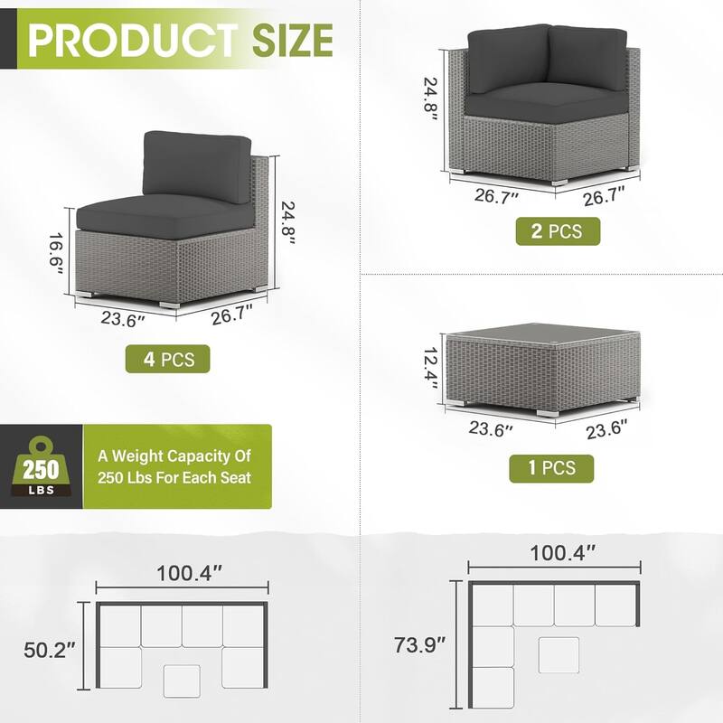 7 Piece Outdoor Patio Furniture Set Grey/Black Wicker Conversation Sectional Sofa Set with Coffee Table and Cushions