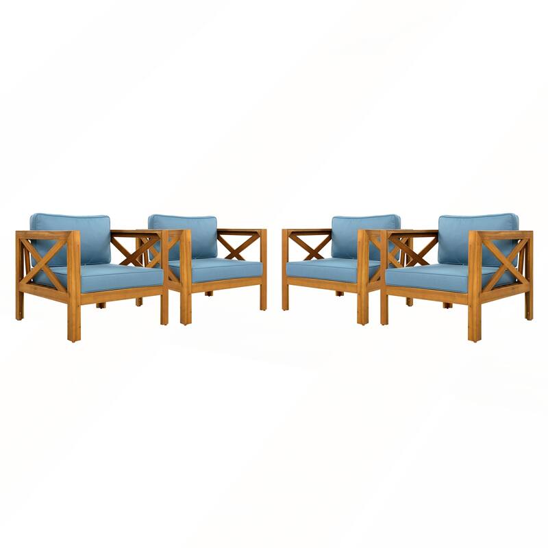 Outdoor Acacia Wood Club Wooden Armchair with Cushions Set of 2
