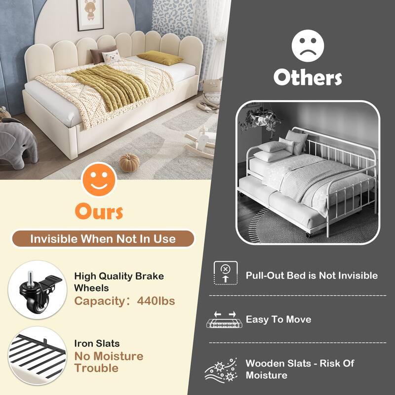 Twin Size Velvet Upholstered Daybed with Pull-Out Trundle, Metal Frame, Beige