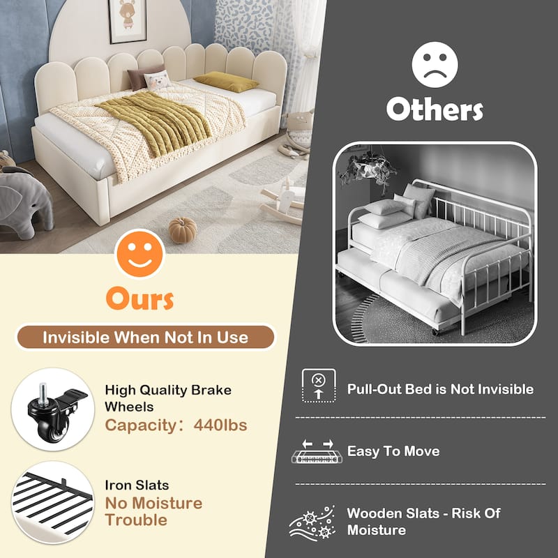 Twin Upholstered Daybed with Pull-Out Trundle, Velvet Sofa Bed for Small Spaces, Guest Bed with Metal Slatted Frame