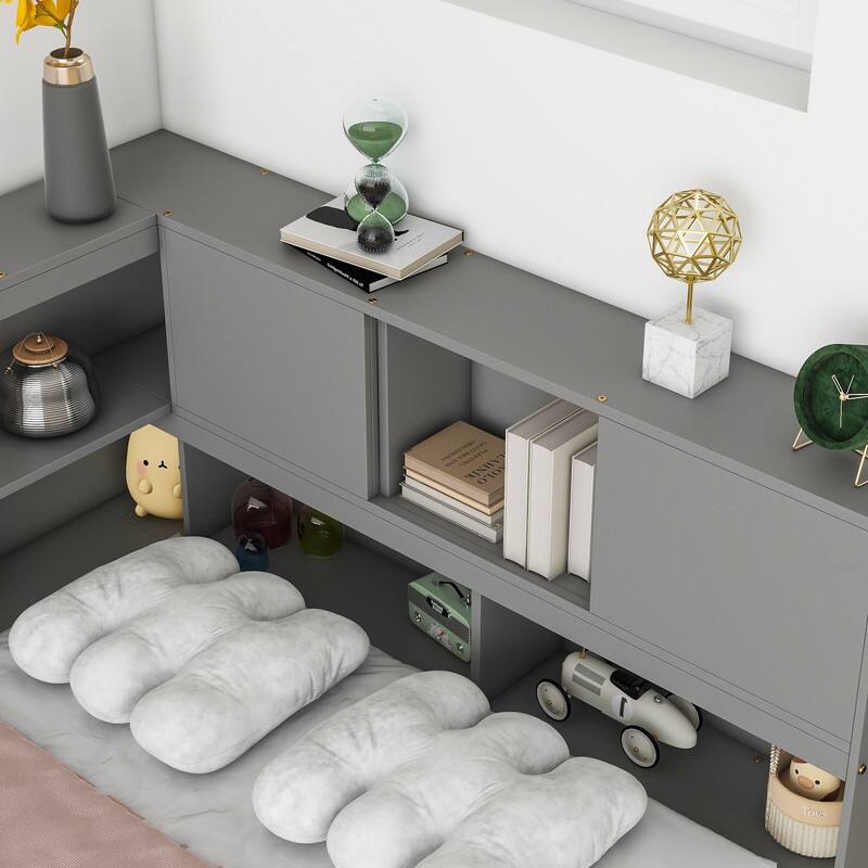 Full Size L-shaped Floor Bed with Bookcases,Sliding Doors,without Slats