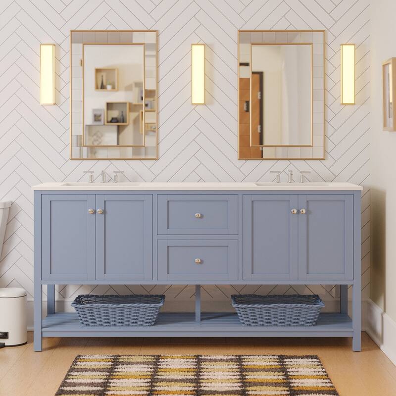 KitchenBathCollection Lakeshore 72" Double Bathroom Vanity with Engineered White Top - Powder Blue