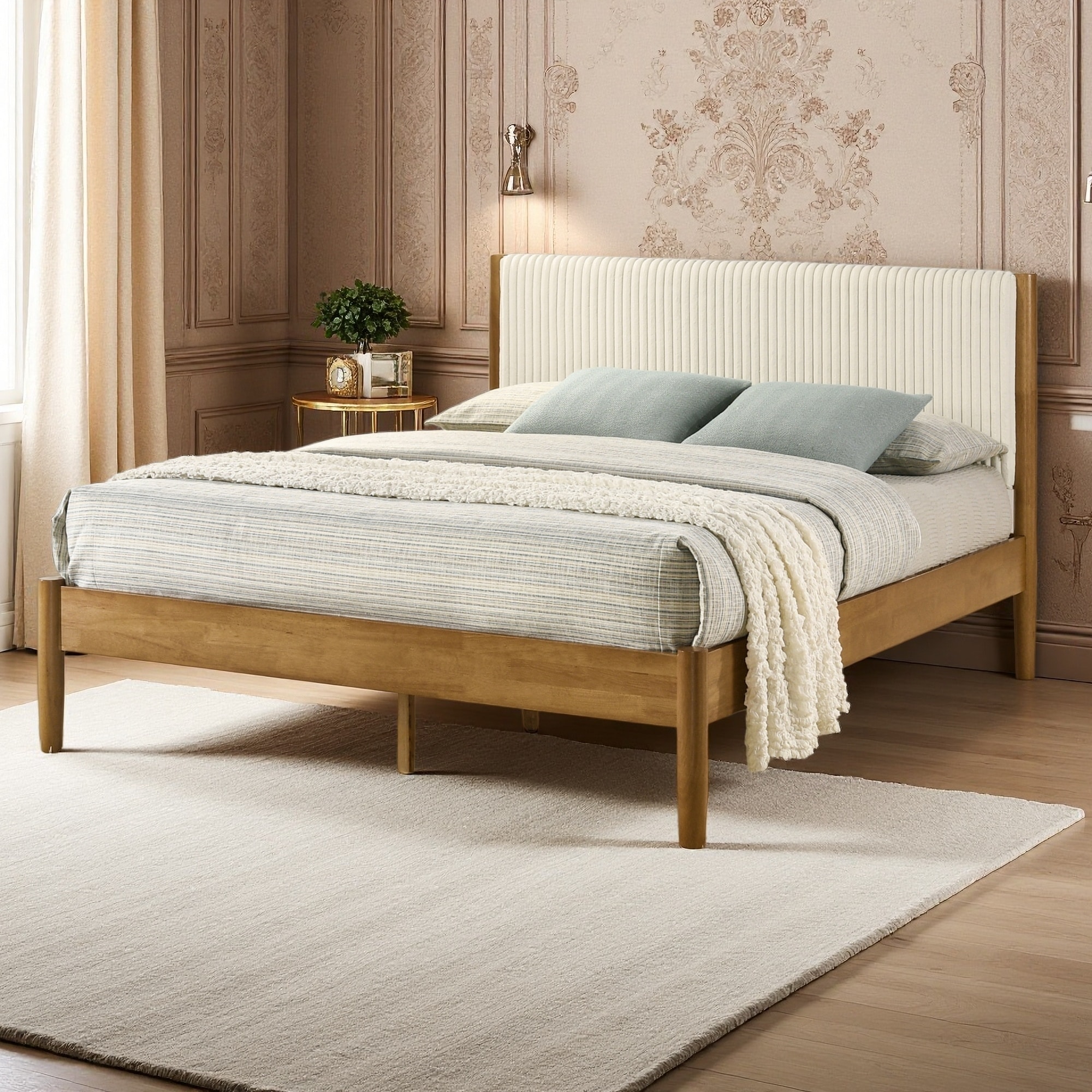 3-Piece Rubberwood Platform Bedroom Set with Two Nightstands