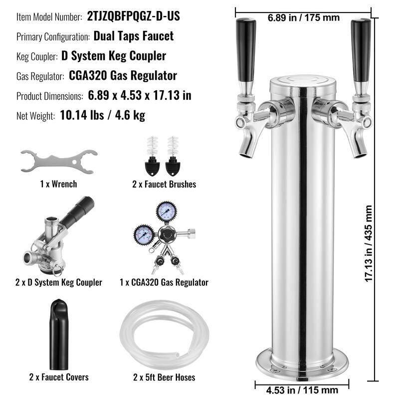 Kegerator Tower Kit, Beer Conversion Kit, Stainless Steel Keg Beer Tower Dispenser with Dual Gauge CGA320 Regulator