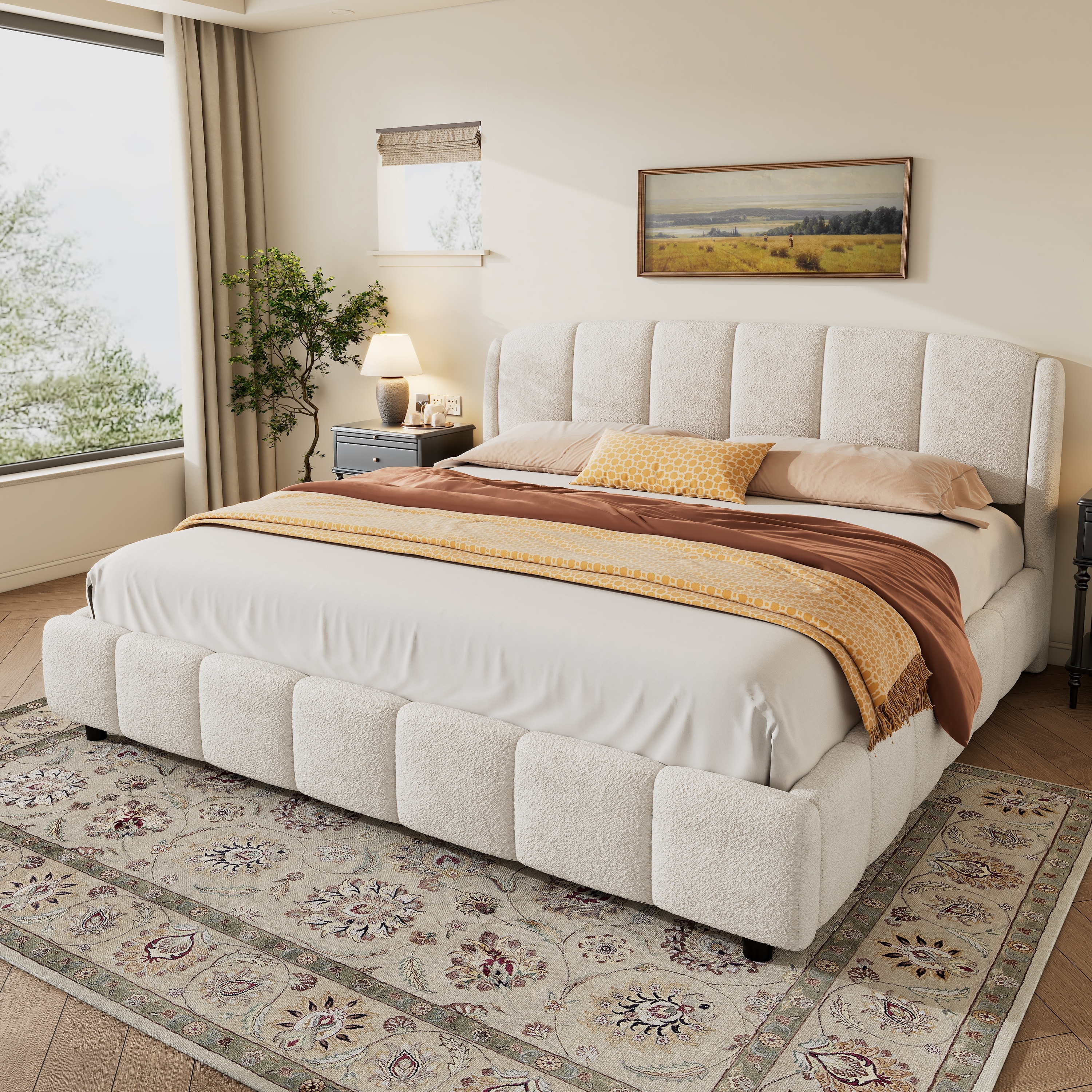 Christopher Knight Home Soft Boucle Fabric Upholstered Platform Bed with Curve-Shaped Design Headboard