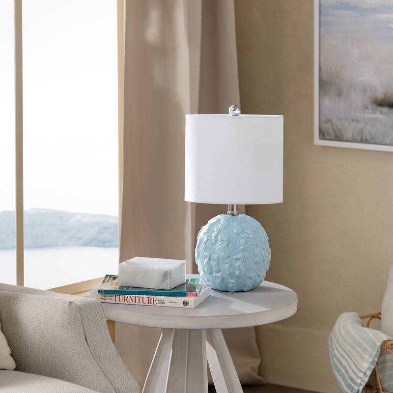 Light Blue Ceramic Seahorse Table Lamp with Shade - 9" x 9" x 16"