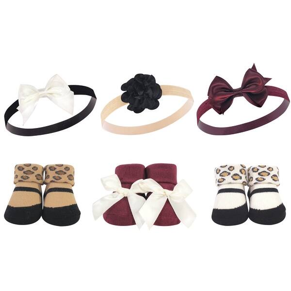 slide 1 of 1, Hudson Baby Infant Girl Headband and Socks Giftset 6pc, Burgundy Leopard, One Size - Burgundy Leopard 6-Pack Burgundy Leopard 6-Pack - One Size