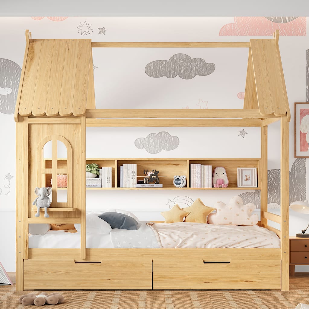 Charming House Bed for Girls, Boys Low Platform Bed Frame with Under-bed Drawers, Storage Shelves, Window and Roof