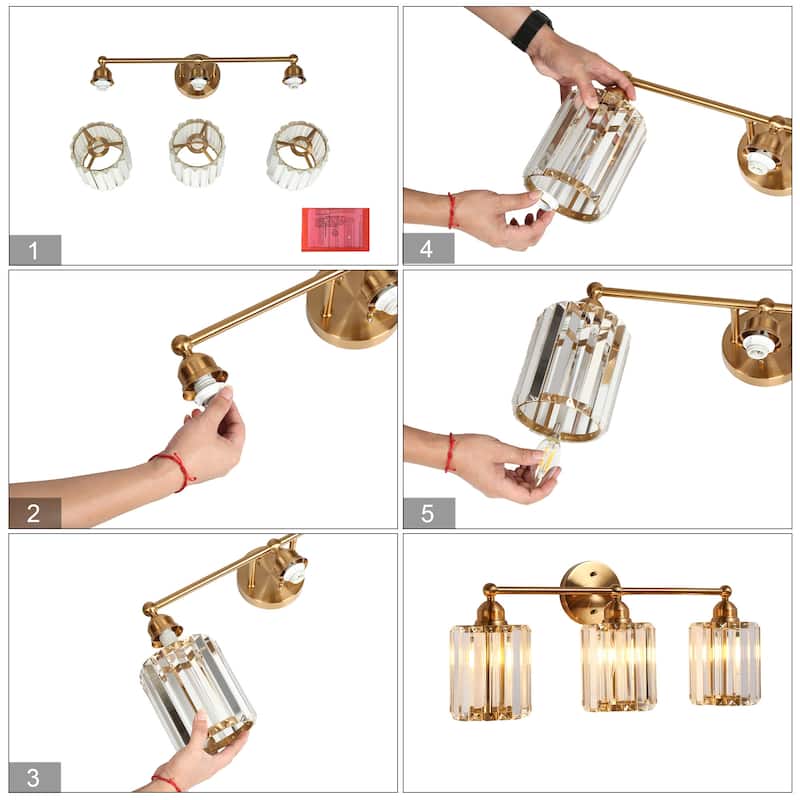 Modern Glam Crystal 3-Light Gold Bathroom Vanity Lights Dimmable Plating Brass Wall Sconce