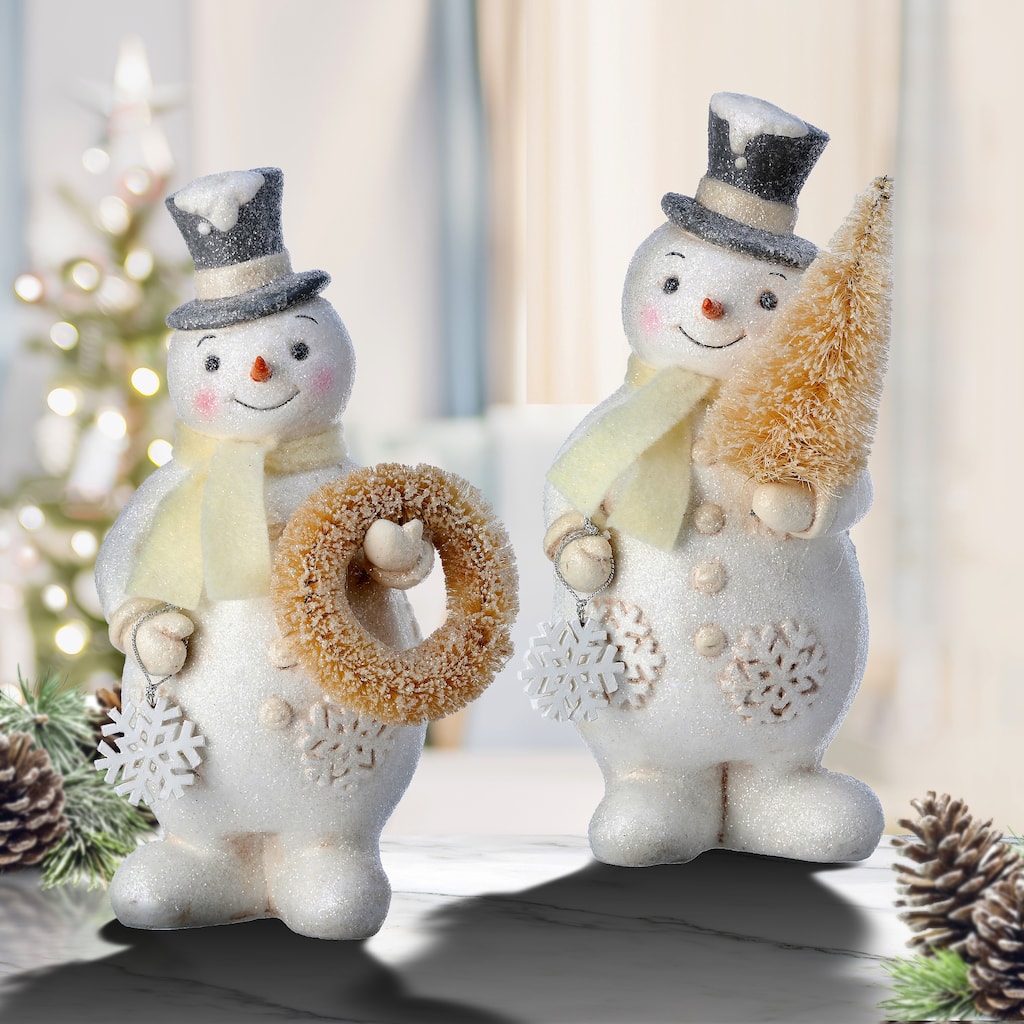 8.5" Paperpulp Vintage Snowman w Tree Set of 2