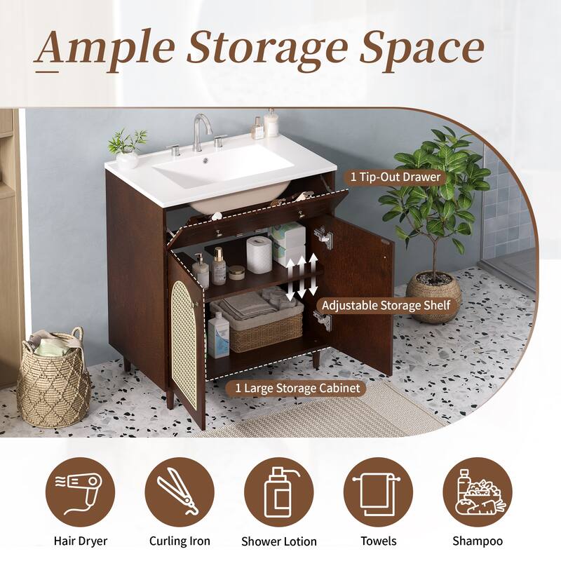 30" Bathroom Vanity with Ceramic Sink, Solid Wood Frame Bathroom Sink Cabinet with Adjustable Shelf, Tip-Drawer