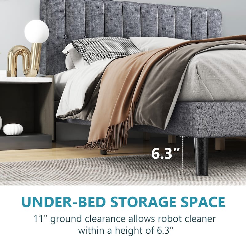 Full Size Platform Bed Frame with Fabric Upholstered Headboard and Wooden Slats Support, No Box Spring Needed/Easy Assembly