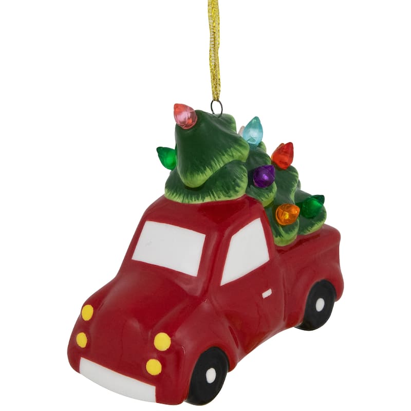 Lighted Truck with Christmas Tree Ceramic Ornament - 3.75" - Red and Green