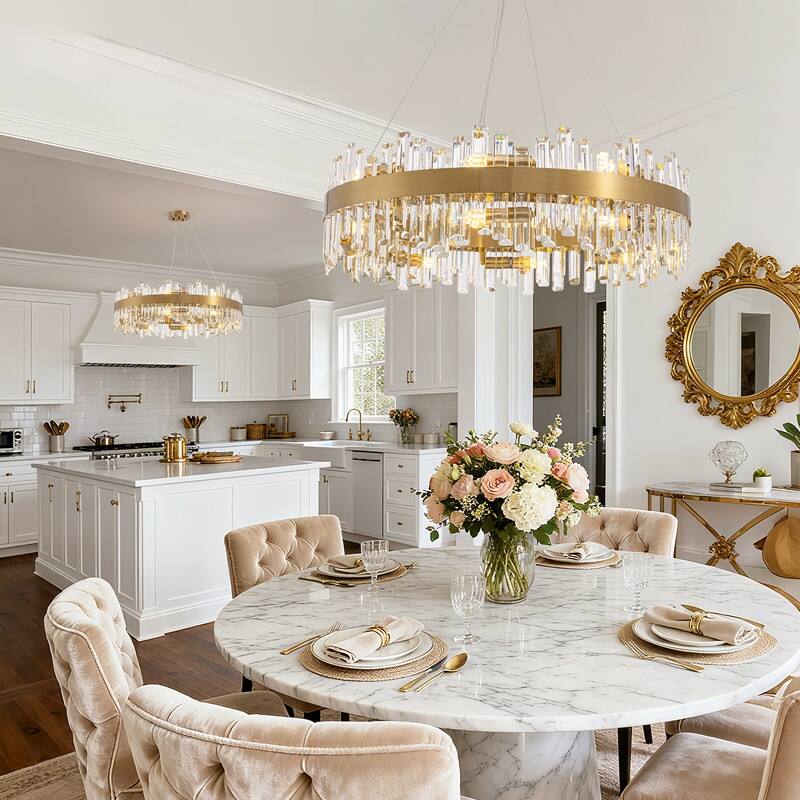 32 in. 2-Tier Modern Crystal Chandelier Brass Gold Round Crystal Raindrop Chandelier Contemporary Pendant Light for Dining Room