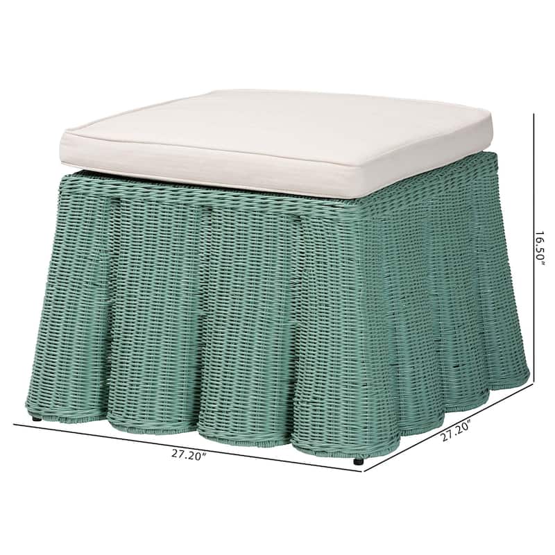 Palm Scallop Natural Rattan Ottoman with Cushion – Handwoven Wicker Accent Bench or Footrest for Living Room or Sunroom, Square