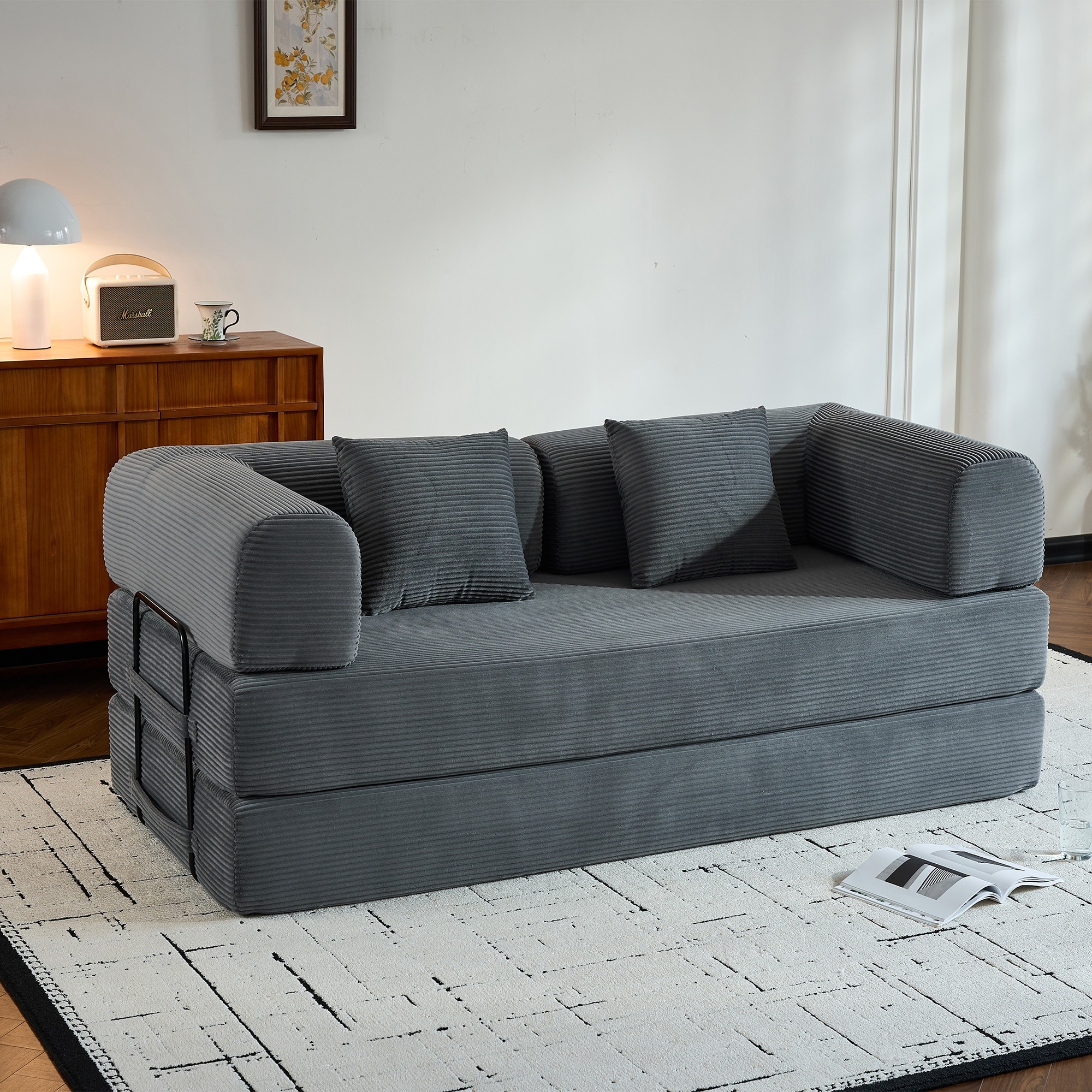 Convertible Corduroy Sofa Bed, Folding Mattress Couch with Fixed Frame & Pillows