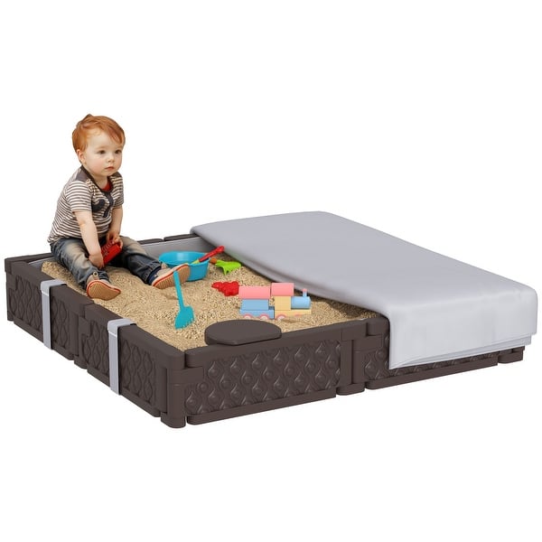 slide 2 of 9, Qaba Kids Sandbox with Cover, Square 47" HDPE Large Sand Pit with 4 Seats, Waterproof Bottom Liner,, Brown Brown