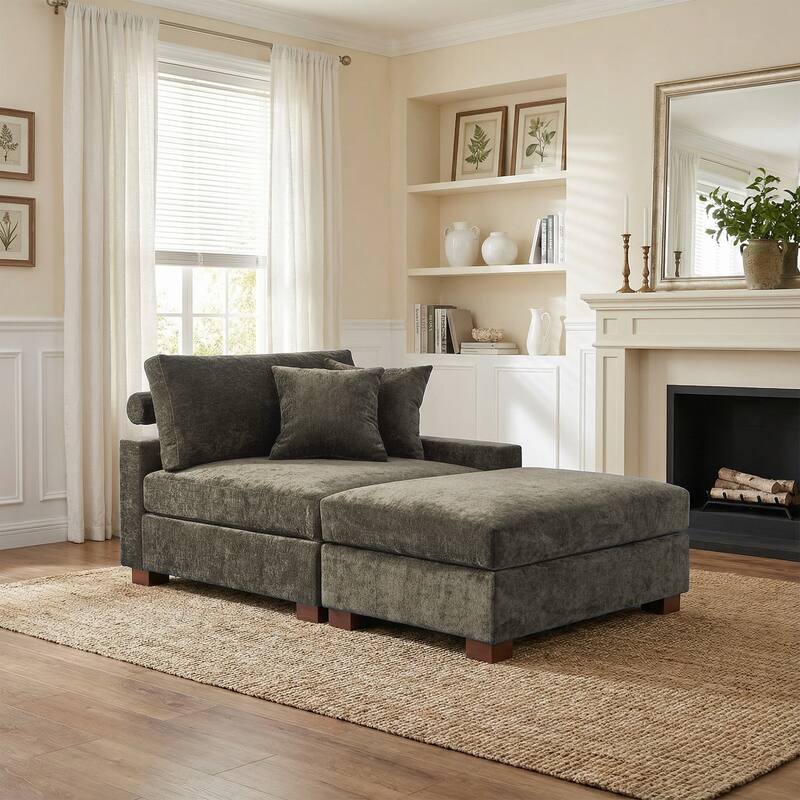 Plush Chenille Single Modular Sectional Sofa Chaise with Pillows - Camel-Sofa+OT R - Right Facing