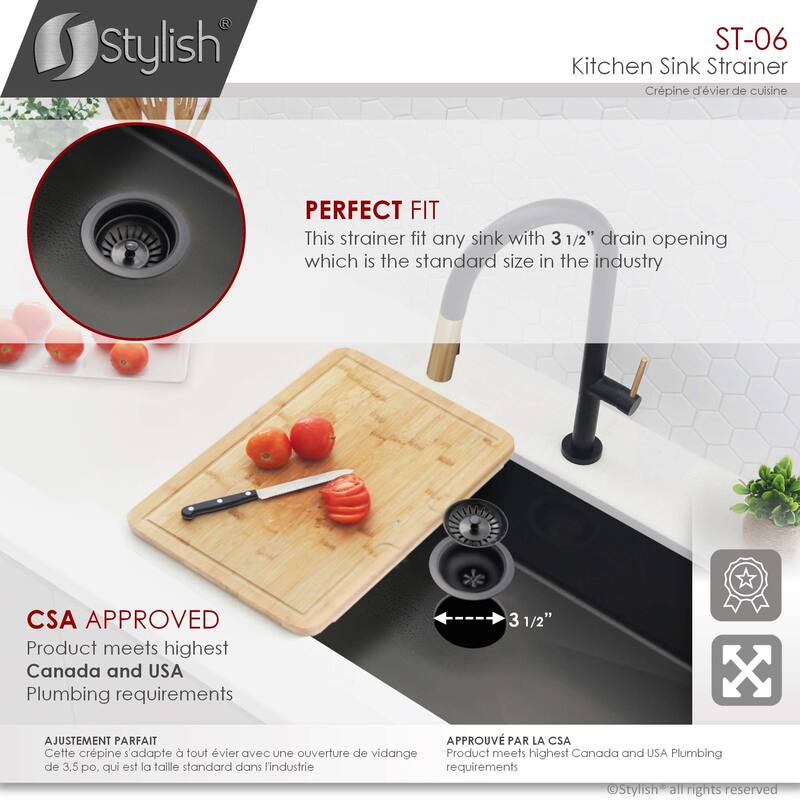 STYLISH 3.5 Inch Graphite Black Kitchen Sink Strainer with Removable Basket - Fits Standard 3.5" drain Opening.